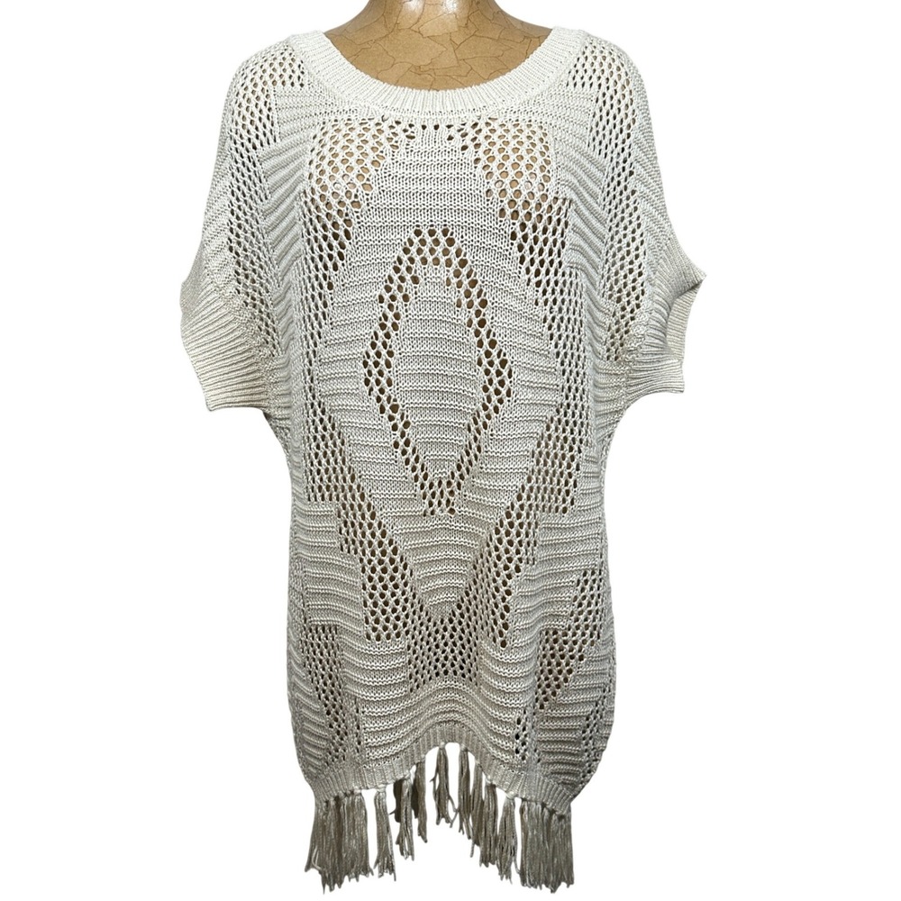 Poof! Ivory Crochet Knit Fringe Hem Poncho Sweater‎ Top Medium Western Boho